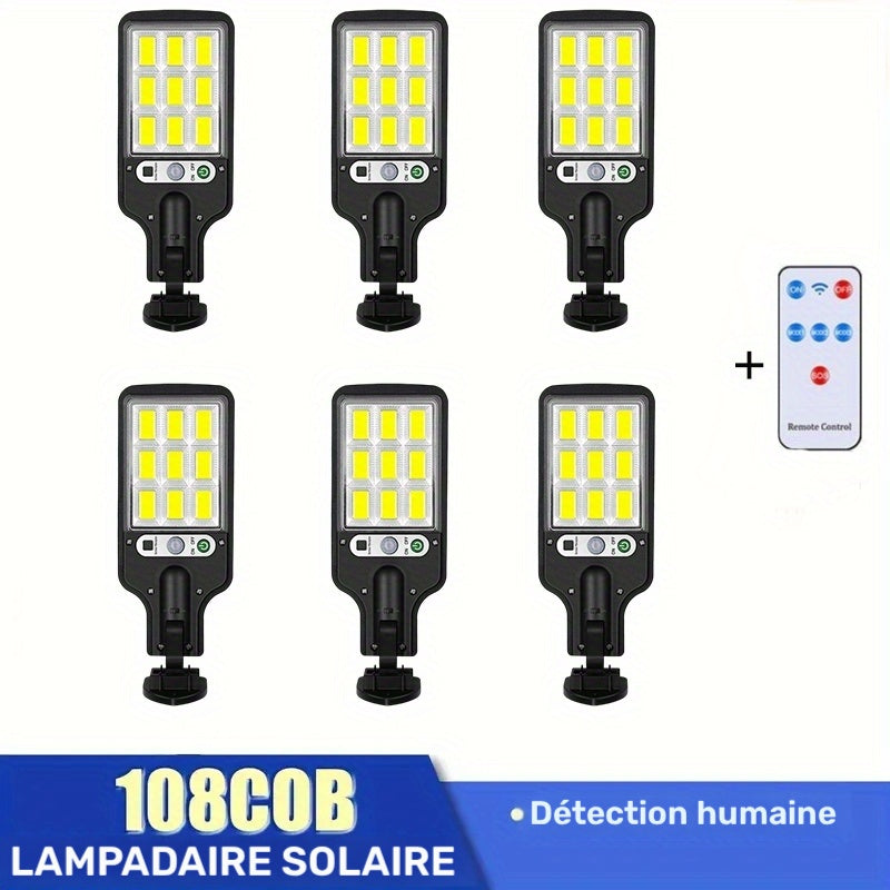 Lumière de rue solaire extérieure avec capteur 108COB, 8/6/4/2/1, lumière à détecteur de présence, applique murale télécommandée IP65, trois modes d'éclairage, pour jardin, cour, chaussée, porche, lumière de sécurité pour porte de garage, 5W