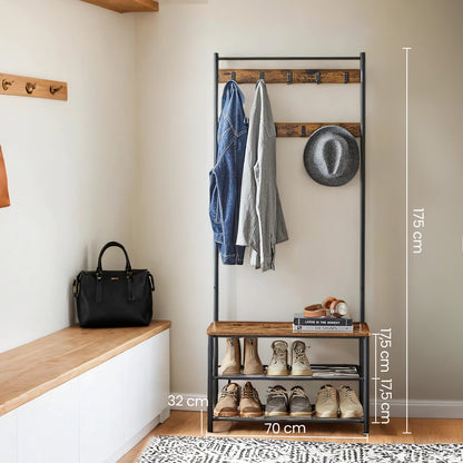 Porte-Manteau, Arbre à Hall avec Banc de Rangement pour Chaussures, 32 x 70 x 175 cm, Style Industriel, Marron Rustique et Noir