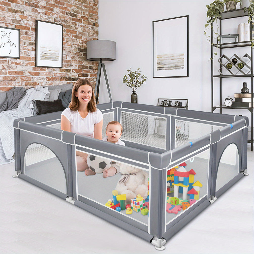 Parc de jeu gris avec maille respirante, parc pour bébé avec porte pour ramper, convient pour une utilisation intérieure et extérieure