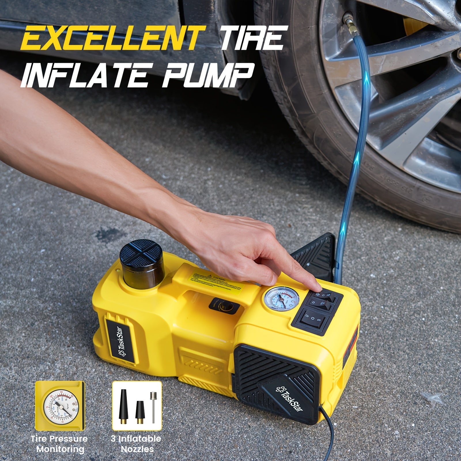 Kit de cric électrique pour voiture, 5 tonnes/4999.95 KG, cric hydraulique 12V avec pompe de gonflage de pneu, kit auto portable pour SUV MPV Berline Camion Changement de pneu Réparation de garage