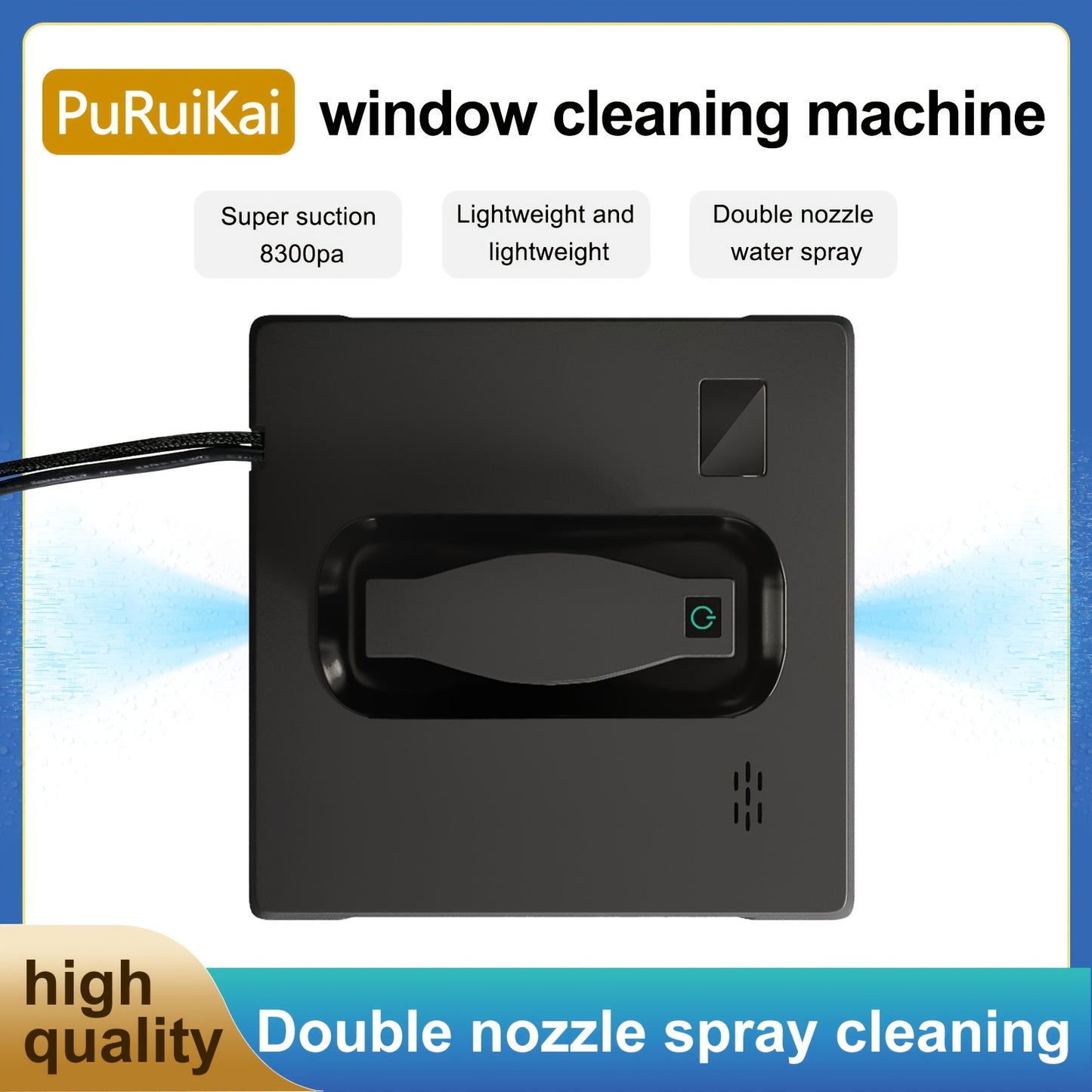 PuRuiKai21B 2026 Robot de Nettoyage de Fenêtres Carré Amélioré (Branché) : Fonctionnement Automatique à Télécommande, Fonction de Pulvérisation d'Eau Automatique et Corde de Sécurité -Chute de 4,5 mètres, Ensemble Inclut 4 Chiffons de Nettoyage (Expédié d