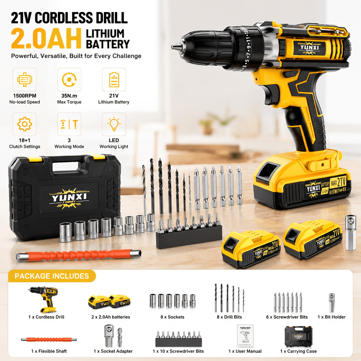 Ensemble de perceuse à lithium portative 21V, combinaisons multiples de forets pour perceuse, conception de prise ergonomique, équipé d'une fonction d'impact électrique au lithium 21V, adapté au perçage du bois et de l'acier, un outil pratique indispensab