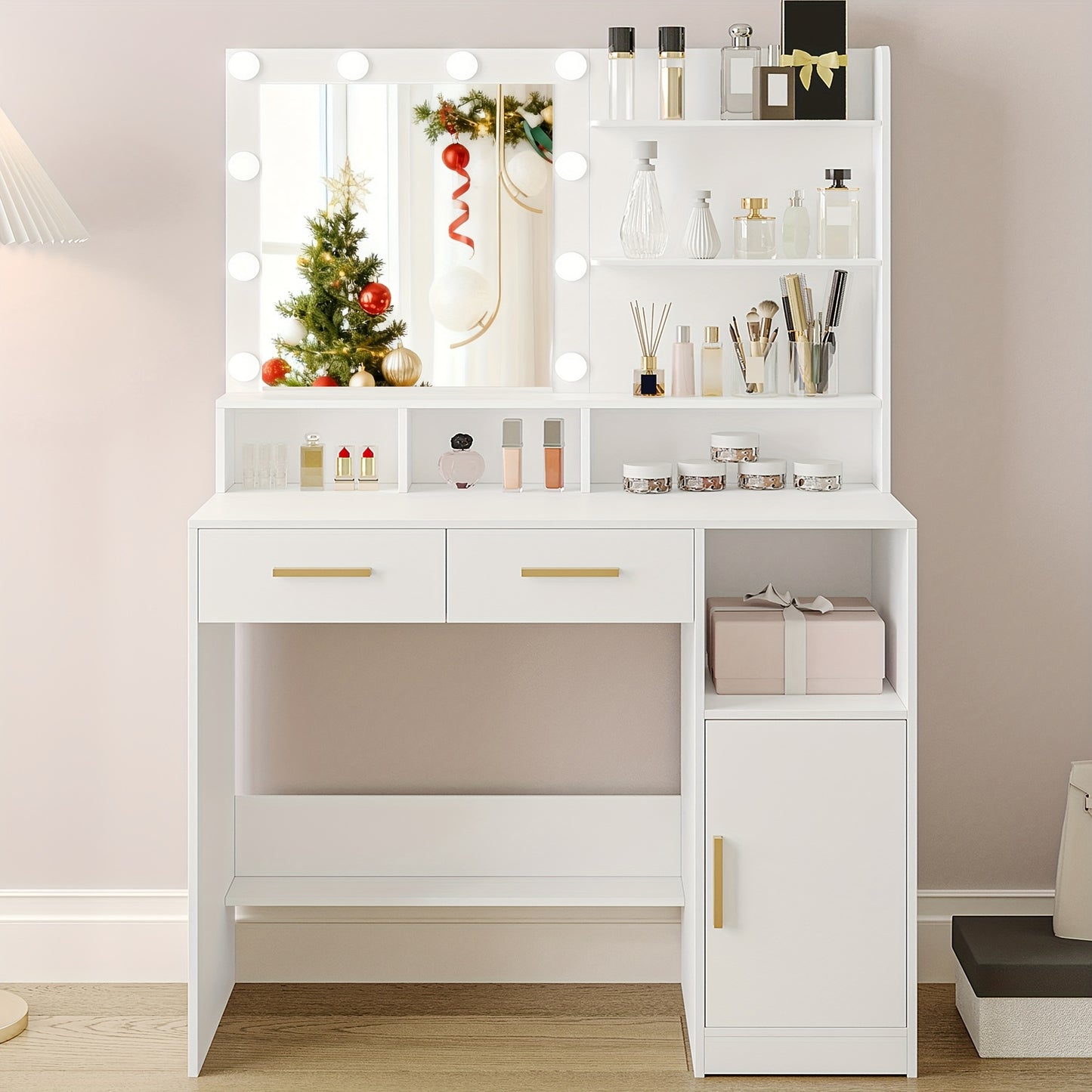 Coiffeuse avec miroir et 10 lumières LED, luminosité réglable, coiffeuse avec 2 tiroirs et 1 meuble, 3 étagères et 4 compartiments ouverts, blanc