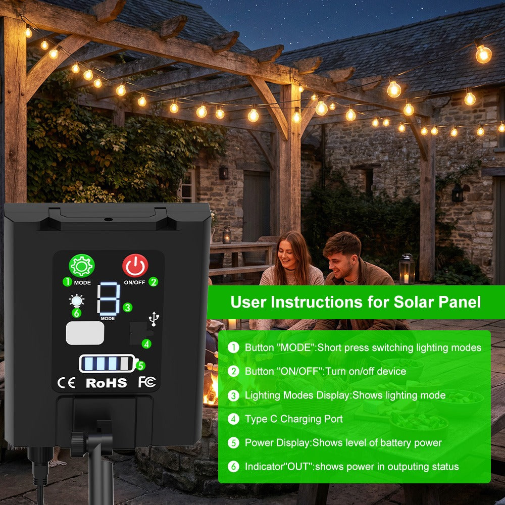 Guirlande Lumineuse Solaire d'Extérieur, 15,25M/20,13M/30,49M, Lumières LED pour Terrasse, Minuterie à Intensité Variable, 8 Modes d'Éclairage Réglables, Lumière Blanc Chaud Réglable, pour Jardin, Cour, Tonnelle, Porche, Fête, Mariage