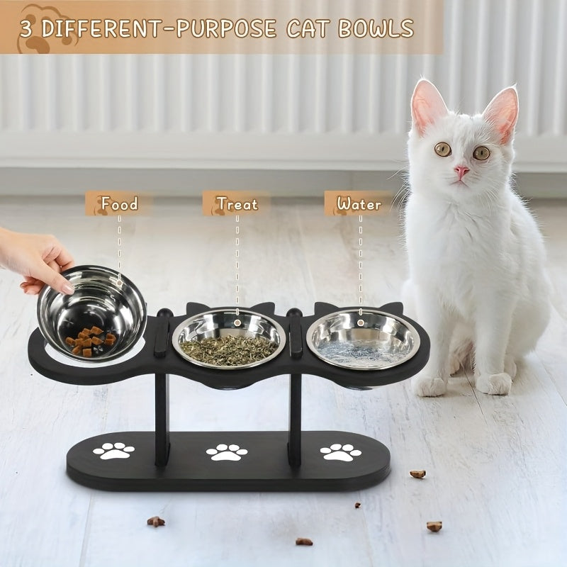 Ensemble de Gamelle surélevée pour Chat avec 4 Bols en Acier Inoxydable - Gamelle Inclinée à 15°, Hauteur Réglable avec Support Noir, Cadeau Idéal pour les Propriétaires d'Animaux