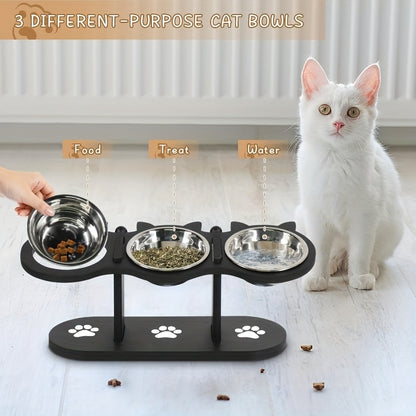 Ensemble de Gamelle surélevée pour Chat avec 4 Bols en Acier Inoxydable - Gamelle Inclinée à 15°, Hauteur Réglable avec Support Noir, Cadeau Idéal pour les Propriétaires d'Animaux