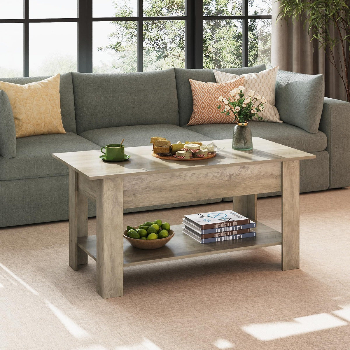 Table Basse Réglable en Hauteur avec Étagère, Table de Salon Rectangulaire avec Espace de Rangement Ouvert et Caché, Table de Salon pour Salon, Chambre à Coucher