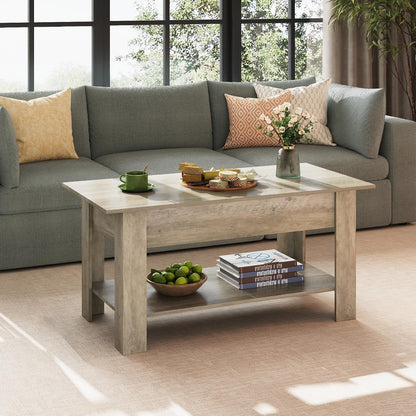 Table Basse Réglable en Hauteur avec Étagère, Table de Salon Rectangulaire avec Espace de Rangement Ouvert et Caché, Table de Salon pour Salon, Chambre à Coucher