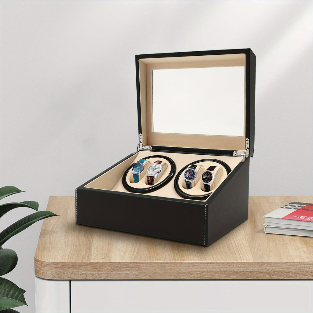 Boîte à Montres Automatique Rotative CNCEST, Boîte de Rangement pour 4 Montres avec 6 Compartiments + 6 Boîtes de Stockage en Similicuir, Noir – Idéale pour Magasins et Maison