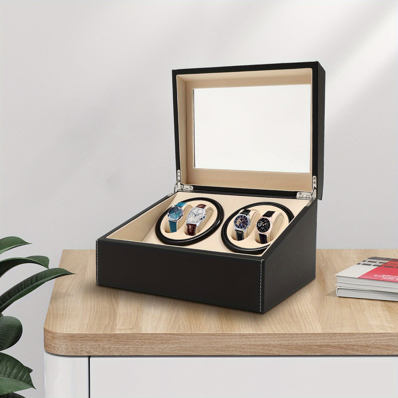 Boîte à Montres Automatique Rotative CNCEST, Boîte de Rangement pour 4 Montres avec 6 Compartiments + 6 Boîtes de Stockage en Similicuir, Noir – Idéale pour Magasins et Maison