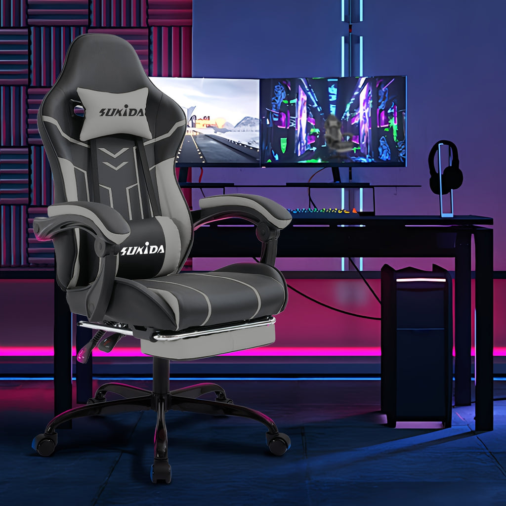 Fauteuil de jeu avec repose-pieds, large surface de siège, accoudoirs liés, dossier haut, chaise de gaming, chaise PC, fauteuil lounge à 135 degrés, chaise de gaming PC, roulettes silencieuses, hauteur réglable, chaise d'ordinateur, chaise d'apprentissage