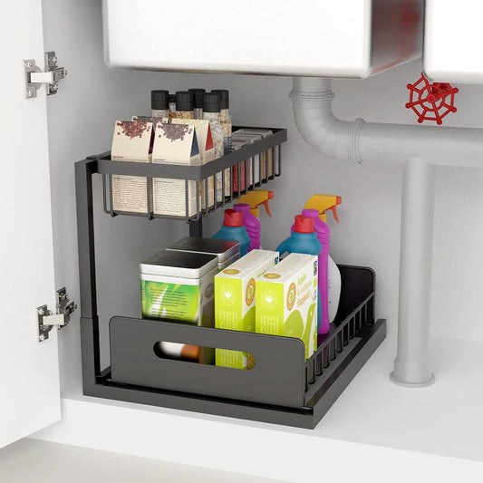 Organisateur de Placard, Étagère de Rangement Sous Évier, Organisateur Coulissant, Étagère de Rangement Multi-Fonctionnelle Double Couche, Grand Rangement Coulissant, Convient pour la Cuisine et la Salle de Bain, Organisation et Rangement de la Maison, Aj