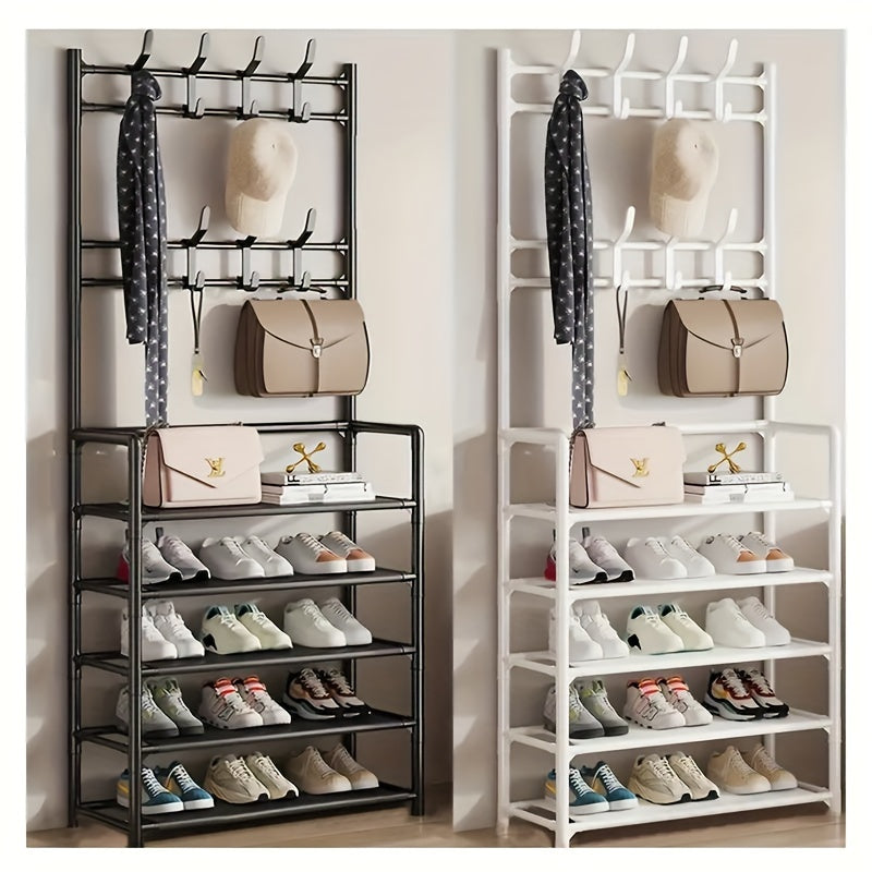 Étagère à chaussures métallique indépendante avec 8 crochets - Étagère d'organisation d'entrée multicouche avec étagères et crochets à manteau - Arbre d'entrée multifonctionnel sans électricité pour ranger les sacs, parapluies, chapeaux et chaussures