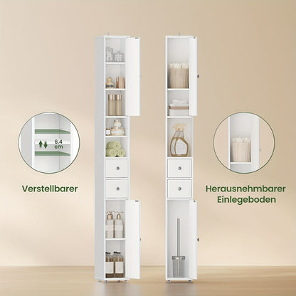 1pièce Armoire de salle de bain, Armoire de salle de bain étroite et haute avec tiroirs, Compartiments de meubles de salle de bain, Étagères ajustables, Portes, Blanc, MDF, 20 x 180 x 20 cm