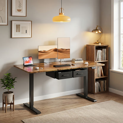 Furnishia Bureau Vertical Électrique avec Panneau Intelligent à Mémoire et 2 Tiroirs, Bureau à Hauteur Réglable avec Prises de Courant, pour Bureau d'Ordinateur à Domicile, Poste de Travail d'Écriture et Chambre à Coucher