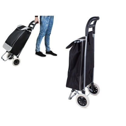 Chariot de courses pliable avec roues, robuste et spacieux, avec poche et poignées, pratique pour transporter des courses lourdes, base stable, grandes roues et poignée durable, en matériau imperméable, facile à nettoyer, poche pour verrouillage ou portef