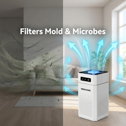 Purificateur d'air portable à faible niveau sonore avec filtre HEPA, idéal pour un usage domestique. Trois vitesses réglables et élimination efficace des allergènes, de la fumée, de la poussière, des squames d'animaux et des odeurs. Parfait pour purifier