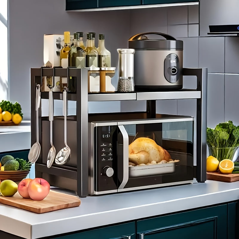 Étagère de cuisine noire extensible - 2 niveaux réglables, gain de place avec 6 crochets, organisateur de comptoir en métal pour micro-ondes et ustensiles, 40-65 cm, assemblage facile, sans bois, design moderne, rangement de cuisine, porte-ustensiles, des