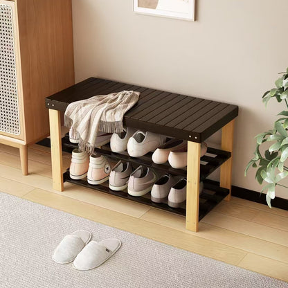 Tabouret à chaussures en bambou de 70*27*42 cm, un article ménager polyvalent et facile à utiliser avec un support de rangement à deux niveaux et un banc à chaussures, conçu de manière compacte pour une utilisation dans les salons et les balcons