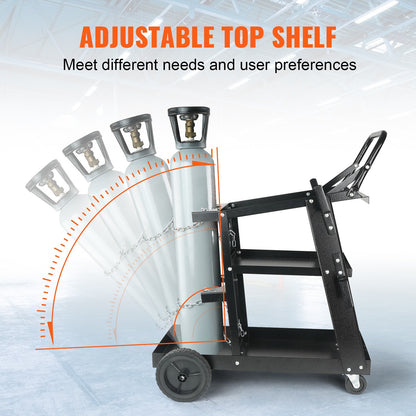 Chariot de soudage VEVOR à 3 niveaux pour charges lourdes avec une capacité de poids de 400 lbs, roues pivotantes à 360°, chaînes de sécurité pour le rangement du réservoir, chariot de soudage MIG à roulettes pour machines de soudage TIG, ARC, MMA et plas