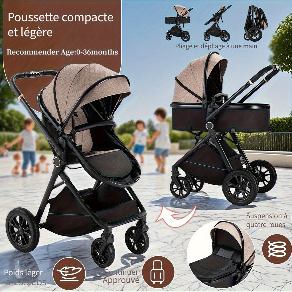 Poussette 3-en-1 Lit Bébé Ensemble Complet Poussette Pliante en Un Clic, Poussette Combi Cadre en Aluminium pour Nouveau-nés