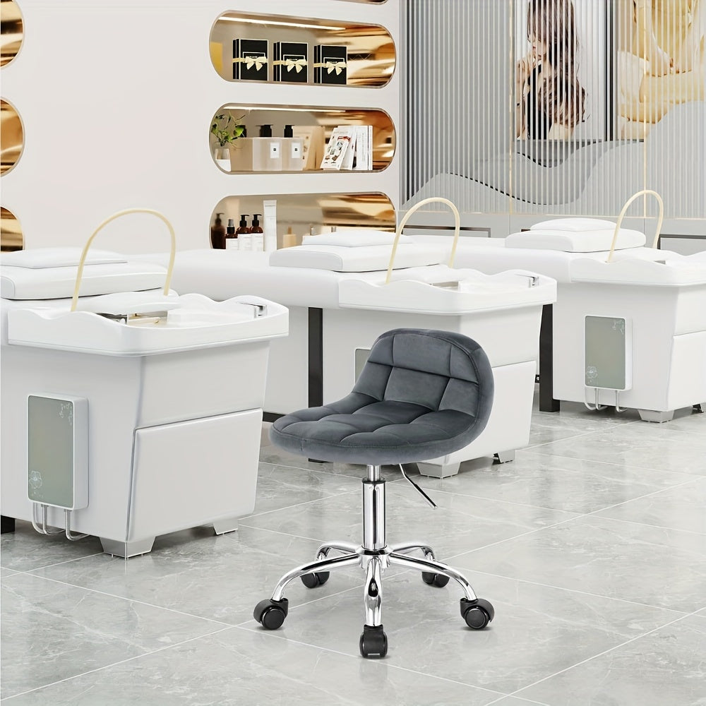 Tabouret de bureau 1x avec roulettes, chaise de coiffeuse à hauteur réglable, tabouret à bascule à roulettes avec dossier bas, tabouret de travail, hauteur d'assise 43,5-55 cm, velours