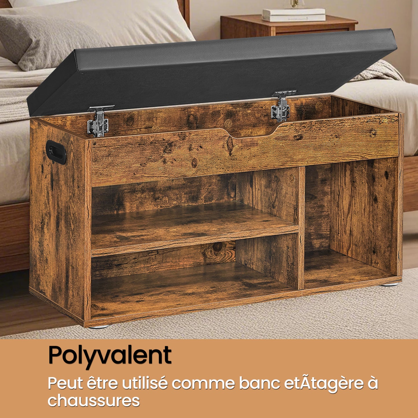 Banc à Chaussures Rembourré, 3 Compartiments, Capacité de Charge 136 kg, Rangement Caché, Étagères, pour Chambre, Salon, Entrée