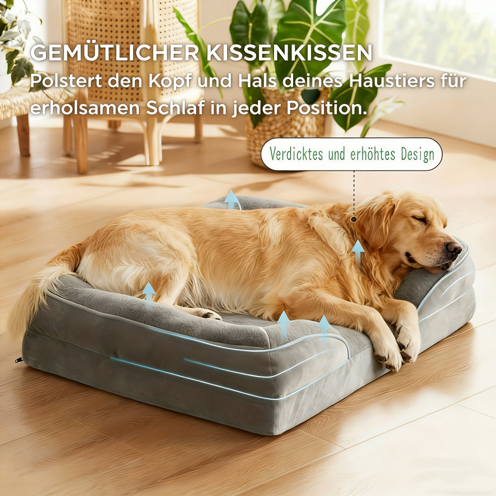 Lit orthopédique pour chien XL/XXL pour grandes races – Canapé-lit amovible et lavable avec support à caillebotis orthopédique et oreiller pour la nuque, convient aux chiens et chiots de taille moyenne à grande