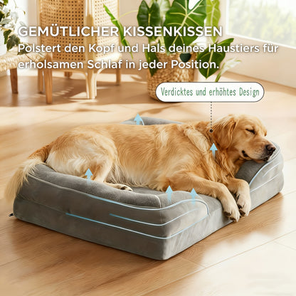 Lit orthopédique pour chien XL/XXL pour grandes races – Canapé-lit amovible et lavable avec support à caillebotis orthopédique et oreiller pour la nuque, convient aux chiens et chiots de taille moyenne à grande