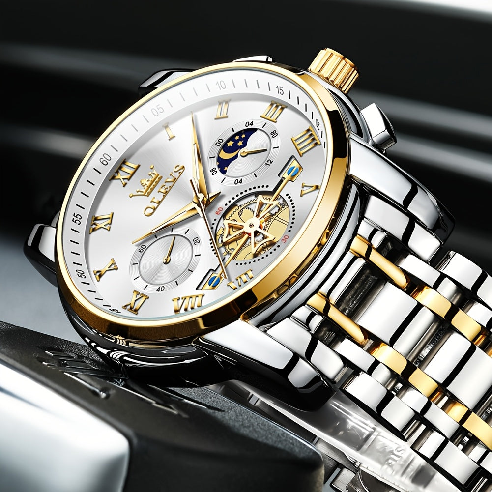 Montres pour Hommes OLEVS Montre à Quartz de Luxe avec Bracelet en Acier Inoxydable, Numéros Romains et Phases Lunaires Lumineuses, Classique Élégante, Cadeaux Romantiques de Noël, Relojes de Hombre Bleu/Noir/Blanche/Cadran Doré