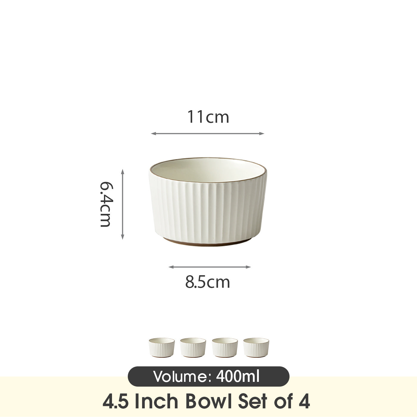 Ensemble de 4 bols de 11 cm (4,5 pouces), 400 ml, blanc perle, avec bords marron foncé dessinés à la main, ensemble de bols, vaisselle en céramique, bol à muesli, bol à petit-déjeuner, bol à dessert, bol à crème, bol à glace, bol à salade, bol à fruits, b