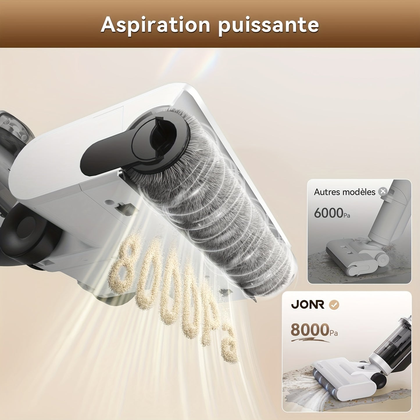 JONR ED12 Lite Balai Aspirateur Nettoyage Sec et Humide, Nettoyage Multi-Mode, Nettoyage des Bords 0.08 cm, Longue Autonomie, Forte Aspiration, Conception de Double Réservoir d'Eau