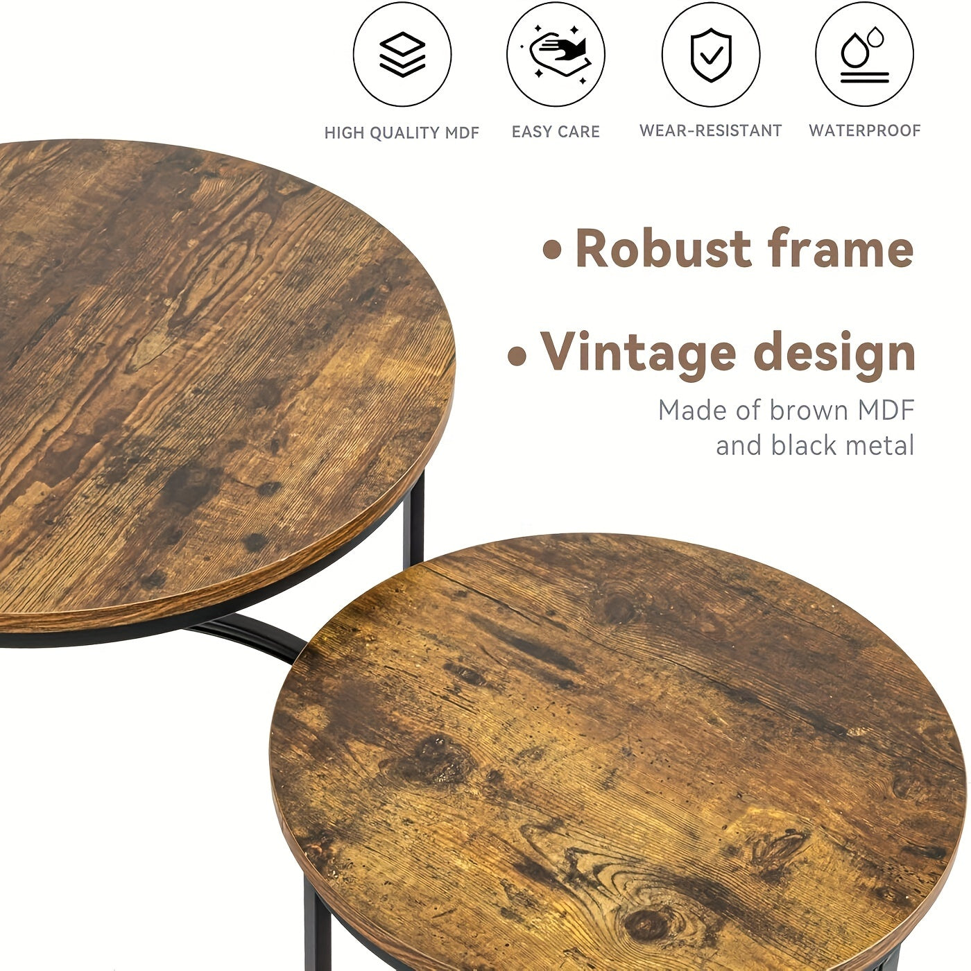 Ensemble de 2 tables gigognes rondes modernes avec cadre et plateau en placage stratifié - Gain de place, convient pour tables basses de salon, chambre, balcon, meubles rétro à assembler pour petits espaces (assemblage requis)