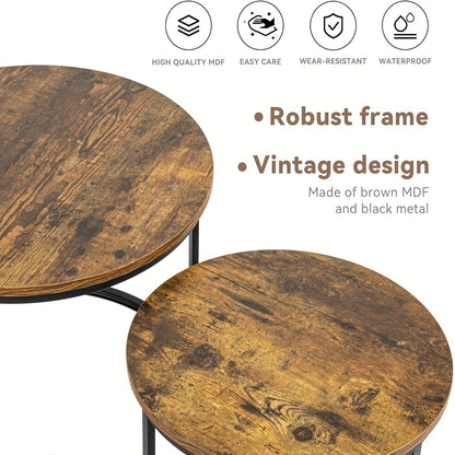 Ensemble de 2 tables gigognes rondes modernes avec cadre et plateau en placage stratifié - Gain de place, convient pour tables basses de salon, chambre, balcon, meubles rétro à assembler pour petits espaces (assemblage requis)