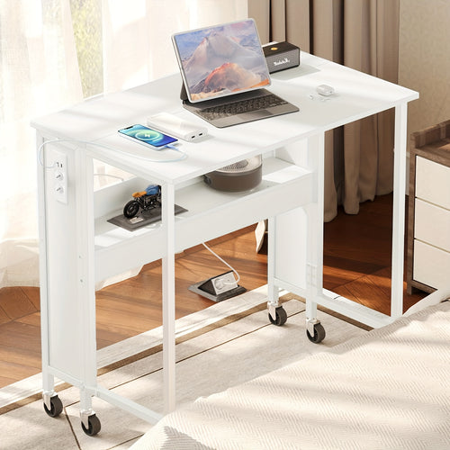 Bureau d'ordinateur portable pliable et tendance blanc avec roulettes, bureau d'ordinateur portable mobile pliable avec station de charge, bureau d'ordinateur pliable 80 x 50 cm, bureau d'étude, convient pour salon, chambre, bureau, salle de jeux, peut êt