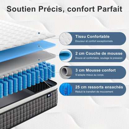 Matelas à ressorts de conception hybride - S'adapte aux courbures du corps, soulage la pression, silencieux et anti-vibration, hauteur de 30 cm
