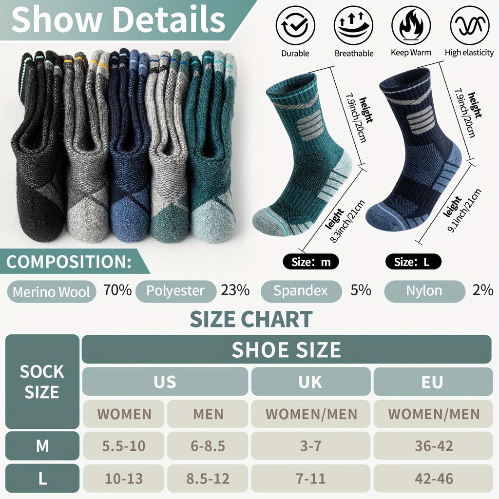 [Chaussettes techniques outdoor] 5 Paires de Chaussettes Randonnée en Laine Mérinos Rayées Lumineuses pour Hommes et Femmes - Course Sentier, Cyclisme, Trekking - Évacuation de l'Humidité - Semelle Cushion - Taille Haute