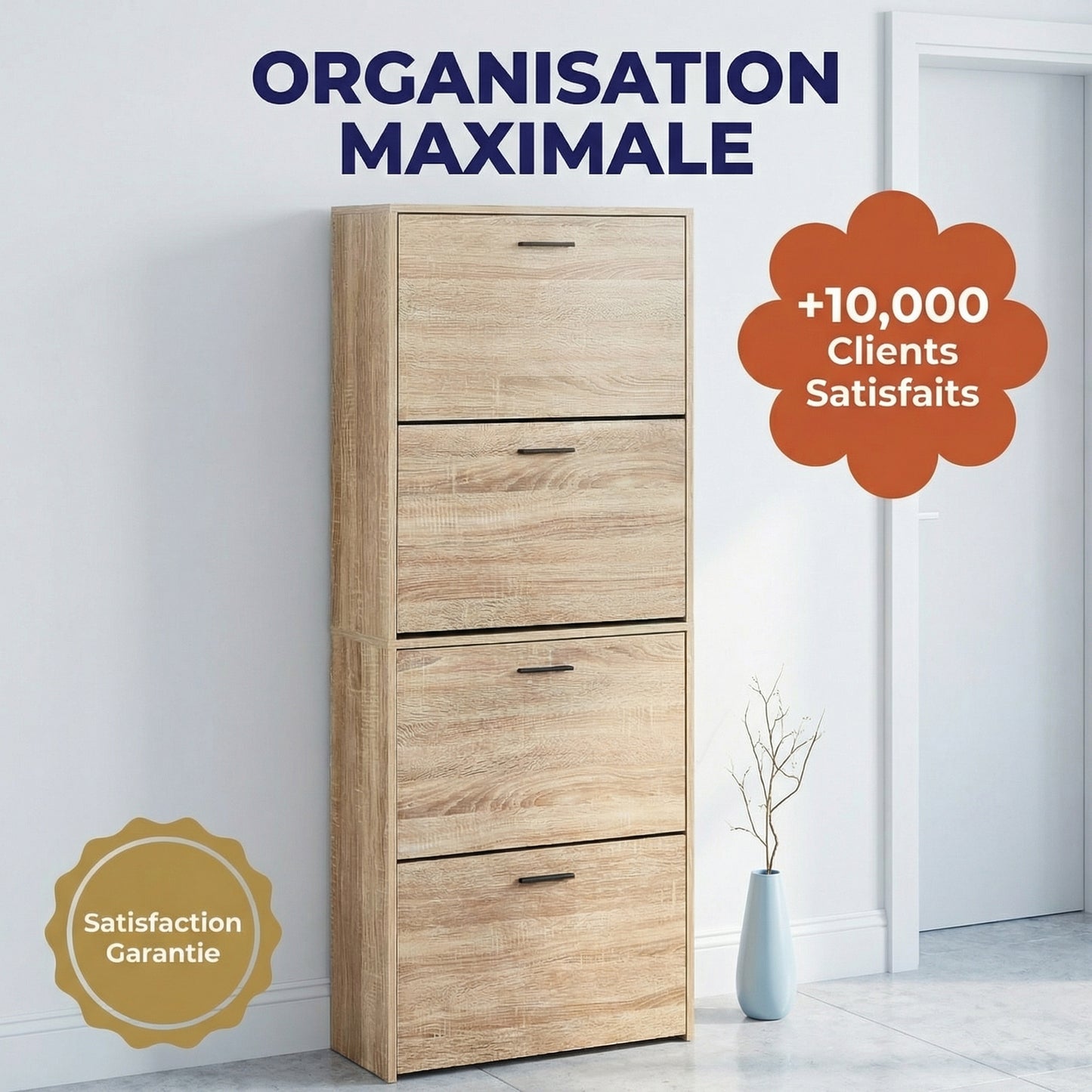Meuble à chaussures avec 4 compartiments à rabat, armoire à chaussures en bois pour jusqu'à 24 paires, organisateur d'entrée peu encombrant