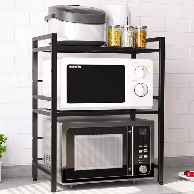Étagère micro-ondes extensible à 3 niveaux, Organisateur d'armoire micro-ondes de comptoir de cuisine, Étagère micro-ondes en métal avec 6 crochets, Étagère de rangement d'organisation de cuisine réglable pour le stockage d'appareils de cuisine tels que l