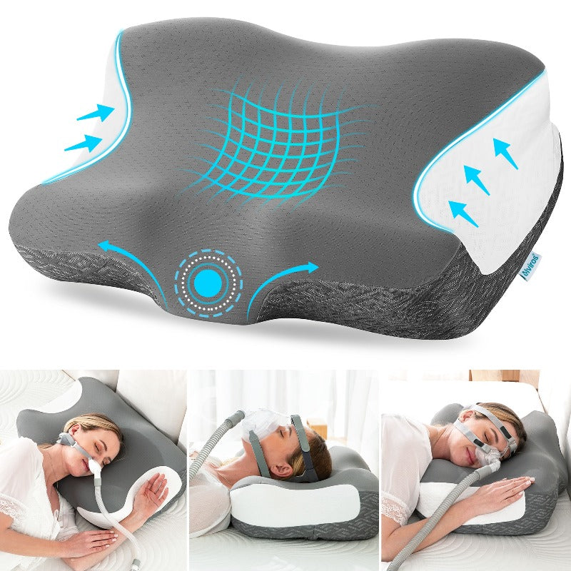 Oreiller CPAP pour dormeurs latéraux, dorsaux et ventraux, oreiller ergonomique profilé pour réduire les fuites d'air et la pression de la masque, oreiller cervical pour tous les utilisateurs de CPAP, fermeté et hauteur réglables avec inserts amovibles