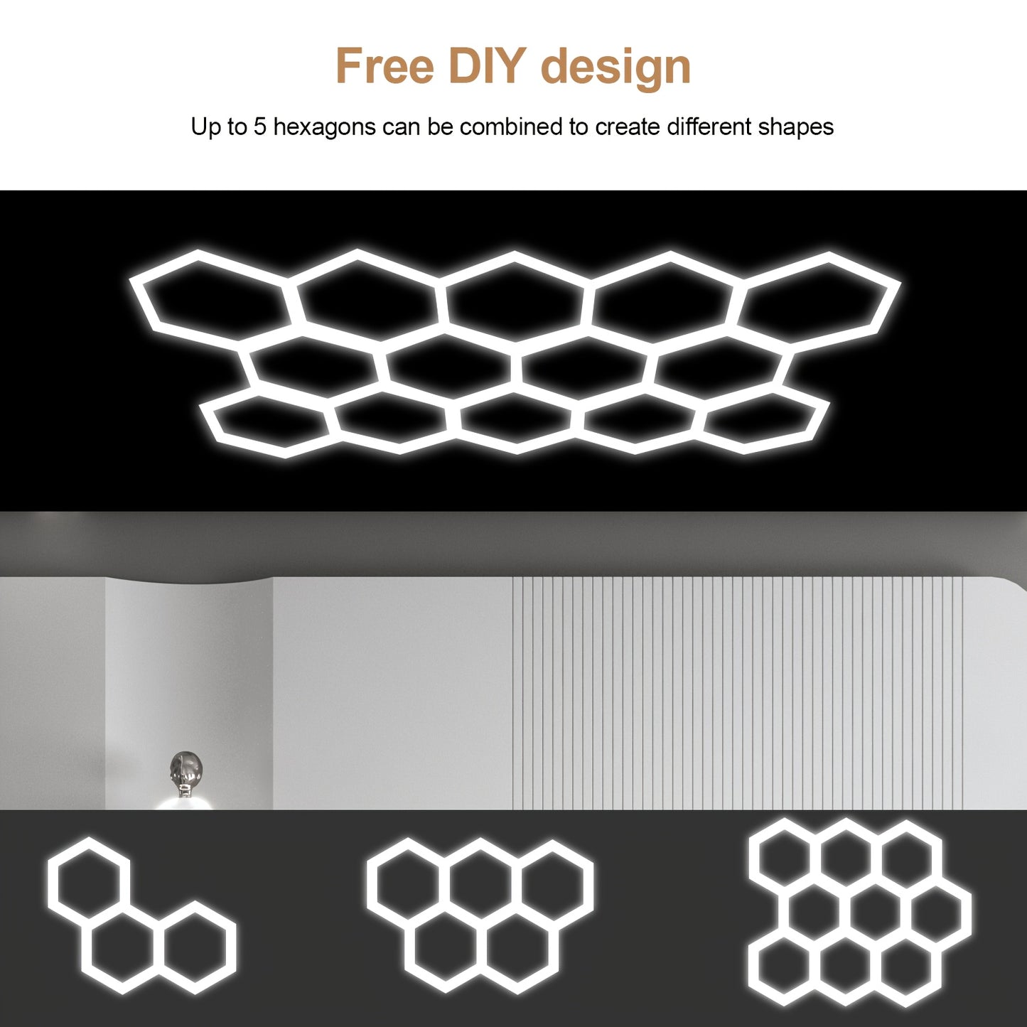 Lumière LED Hexagonale Nid d'Abeille, Cadre en Métal Doré Poli, Montage Semi-Encastré à 5 Trous, Souterrain pour Éclairage de Garage, Lumière Blanche Froid 6500K, 192W, Facile à Installer, Convient aux Garages, Ateliers, Lampes de Porte (Blanc), Lampes LE