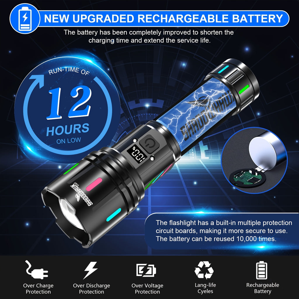 Lampe Torche LED Rechargeable Shadowhawk, Torche LED Très Lumineuse XHM90.2 Torches USB, 5000mAh, Lampe Tactique Puissante à Piles, Lampe de Poche pour Urgences Extérieures