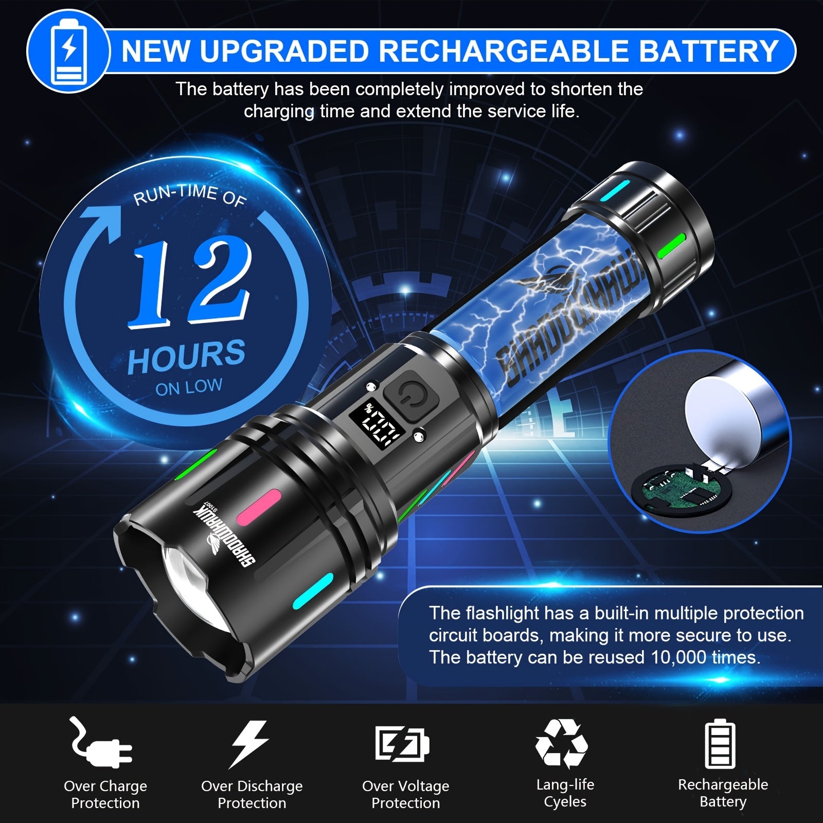 Lampe Torche LED Rechargeable Shadowhawk, Torche LED Très Lumineuse XHM90.2 Torches USB, 5000mAh, Lampe Tactique Puissante à Piles, Lampe de Poche pour Urgences Extérieures