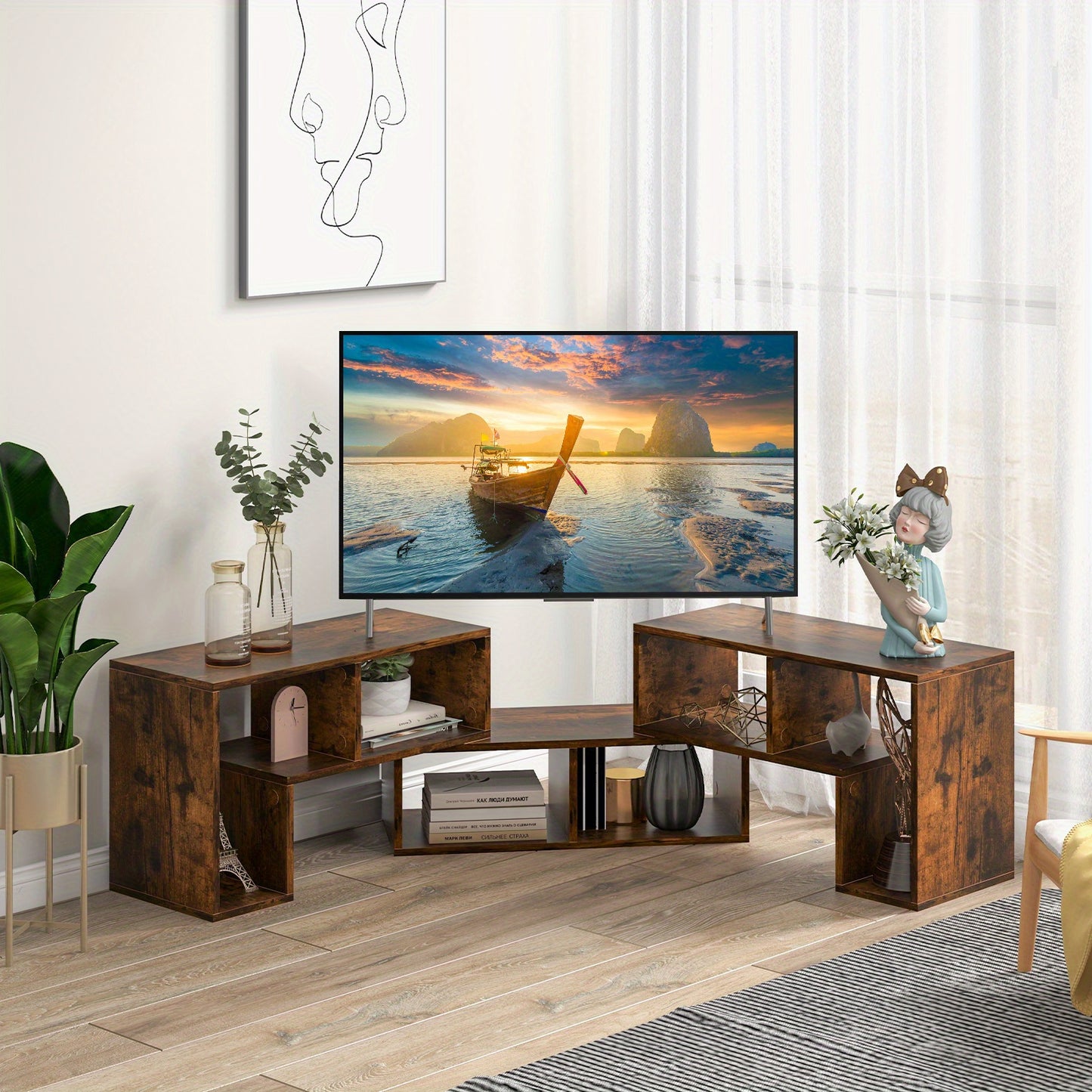 Meuble TV en bois 3 pièces, librement combinable, table TV pour téléviseurs jusqu'à 65", étagère d'angle extensible, meuble TV bas, bibliothèque multifonctionnelle, étagère de rangement