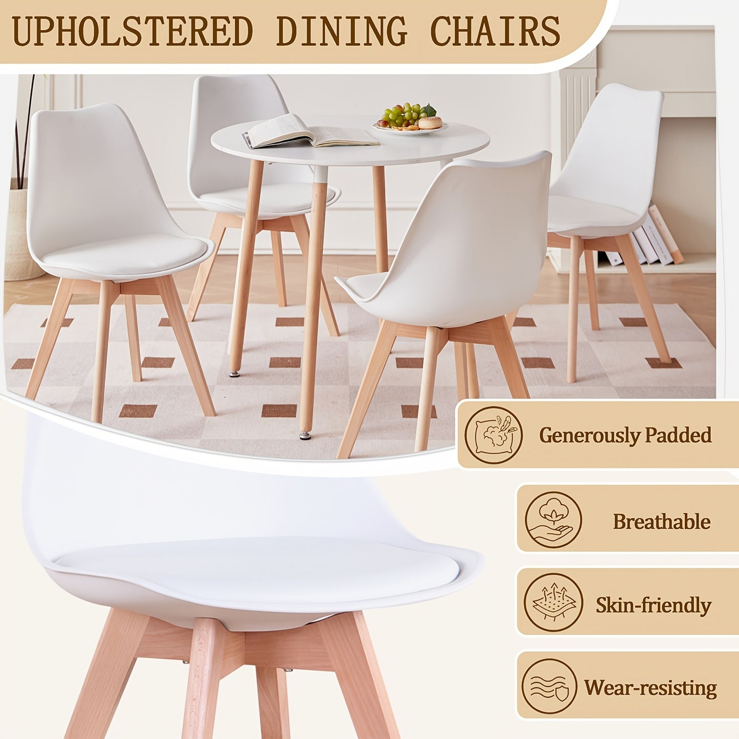Ensemble de 6 chaises de salle à manger modernes du milieu du siècle, chaises de cuisine, chaises de bureau, chaise coquillage de designer avec coussins ergonomiques en similicuir et pieds en bois massif pour cuisine, salon, chambre à coucher, blanc