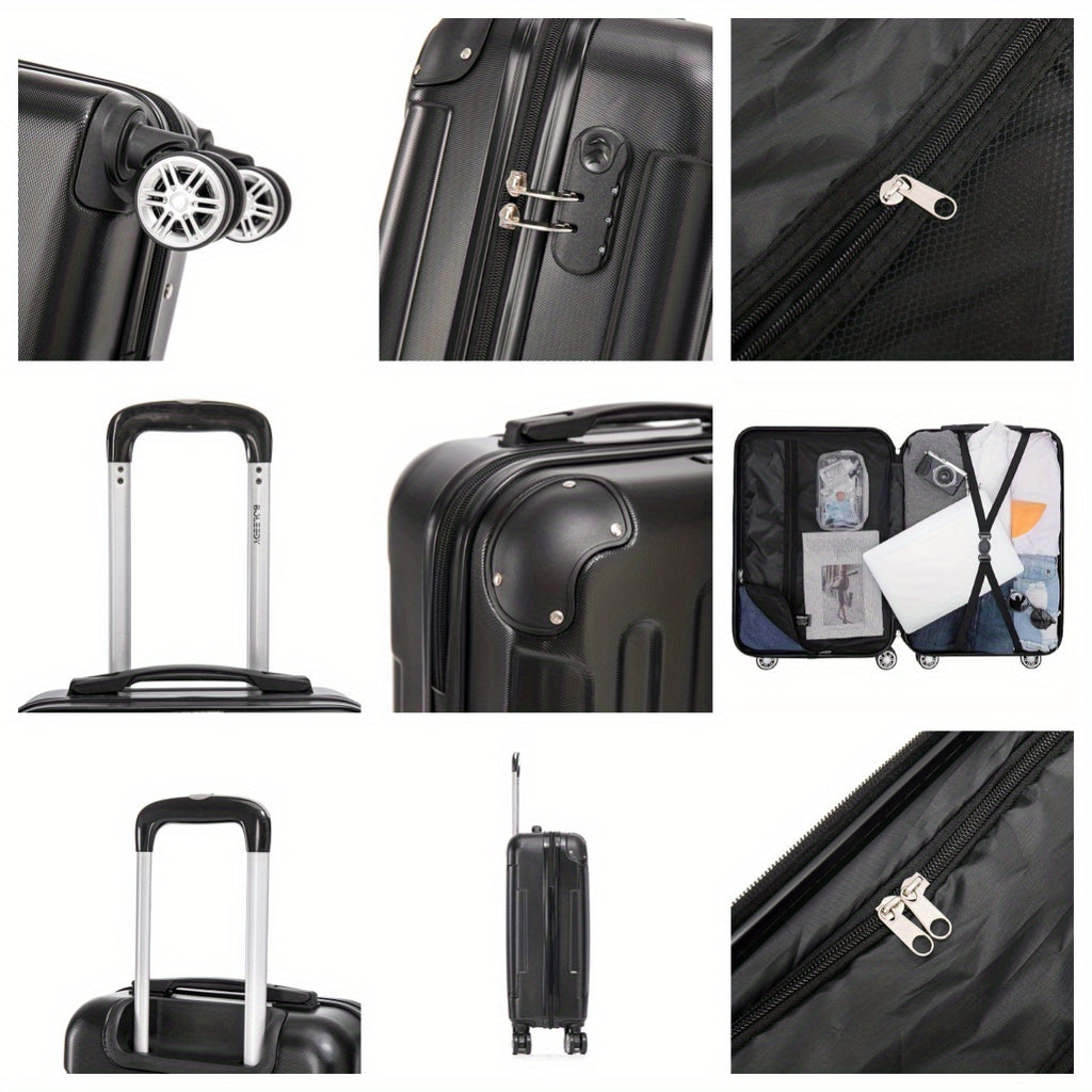 Ensemble de bagages trois pièces comprenant des valises de 20, 24 et 28 pouces, parfait pour les voyages en famille. Cette combinaison comprend une valise cabine de 20 pouces idéale pour les voyages d'affaires, une boîte de rangement sécurisée avec un ver