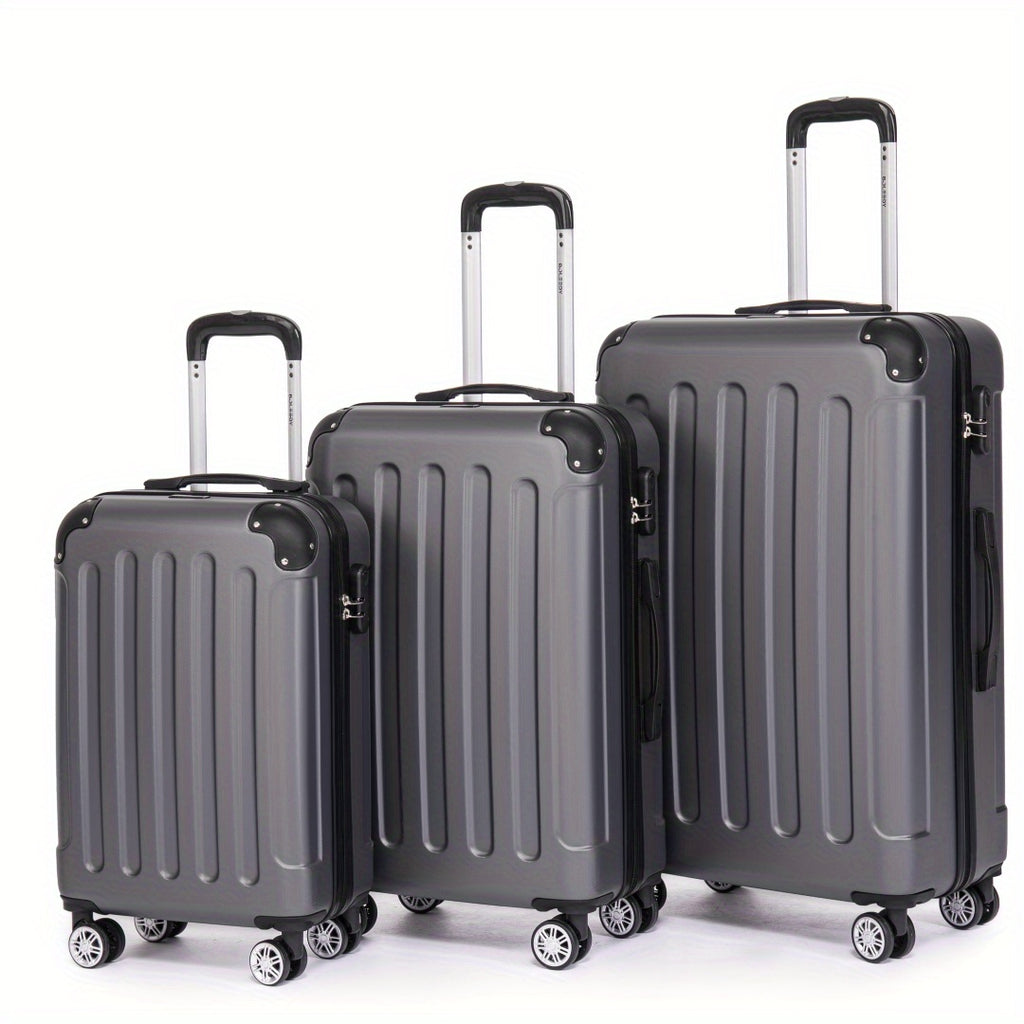 Ensemble de bagages trois pièces comprenant des valises de 20, 24 et 28 pouces, parfait pour les voyages en famille. Cette combinaison comprend une valise cabine de 20 pouces idéale pour les voyages d'affaires, une boîte de rangement sécurisée avec un ver