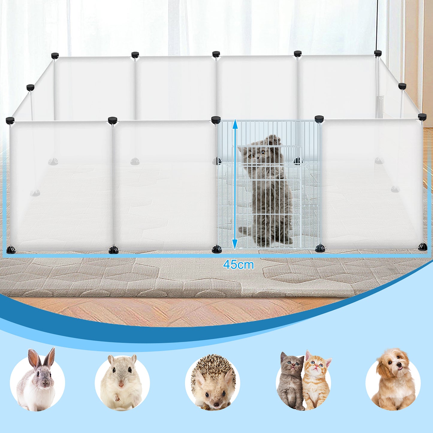 Enclos extensible en plastique de 145x75x48 cm pour lapins en liberté, parc pour petits animaux pour lapins, hamsters, chiots et chatons (avec/sans porte)