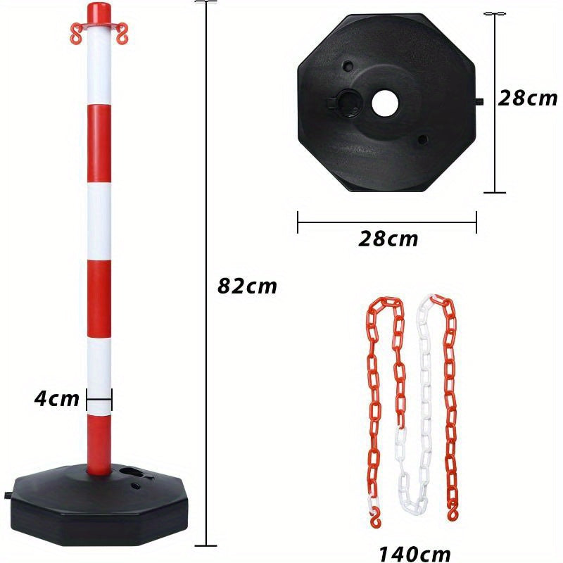 Poteau de délimitation en plastique avec chaîne de barrière 140 cm et base en PE, poteau barrière PP 82 cm, cône de signalisation flexible, incluant panneaux d'avertissement, rouge et blanc
