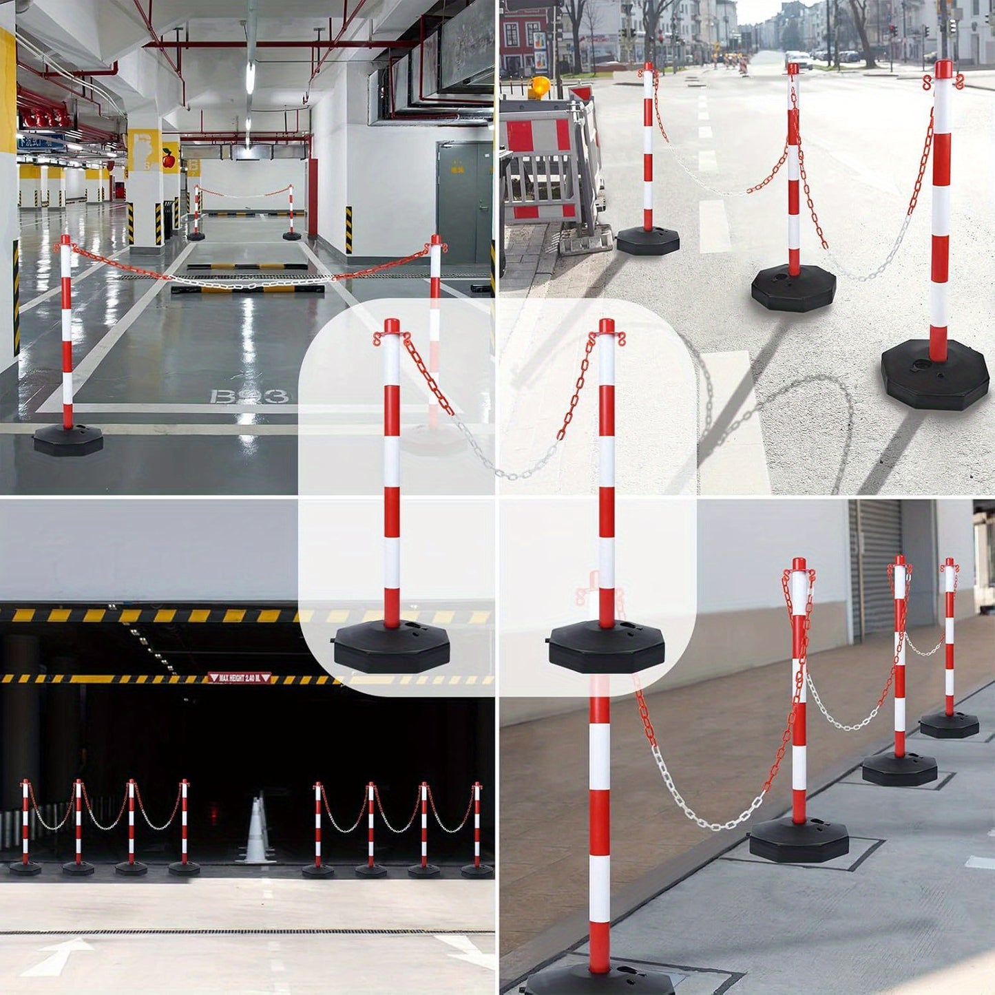 Poteau de délimitation en plastique avec chaîne de barrière 140 cm et base en PE, poteau barrière PP 82 cm, cône de signalisation flexible, incluant panneaux d'avertissement, rouge et blanc
